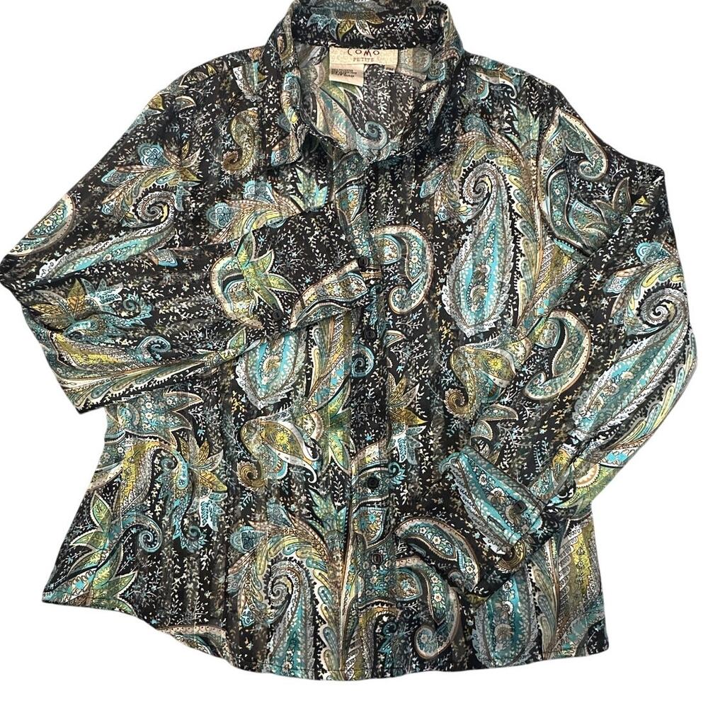 Como Paisley Blouse Metallic Shimmer Semi Sheer Button Up Teal